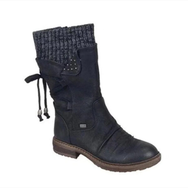 Women's Sweater Cuff Snow Boots Mid Calf Zipper Low Heel Back Lace-up Boots - Image 7