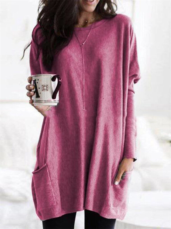 Women's Relaxed Long Sleeve Crew Neck Shirts with Pockets - Image 2