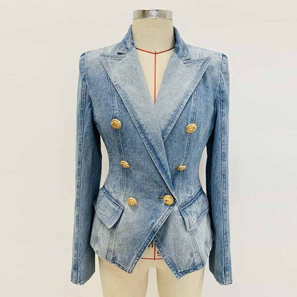 Women's Golden Lion Buttons Fitted Denim Blazer Jacket Blue - Image 4