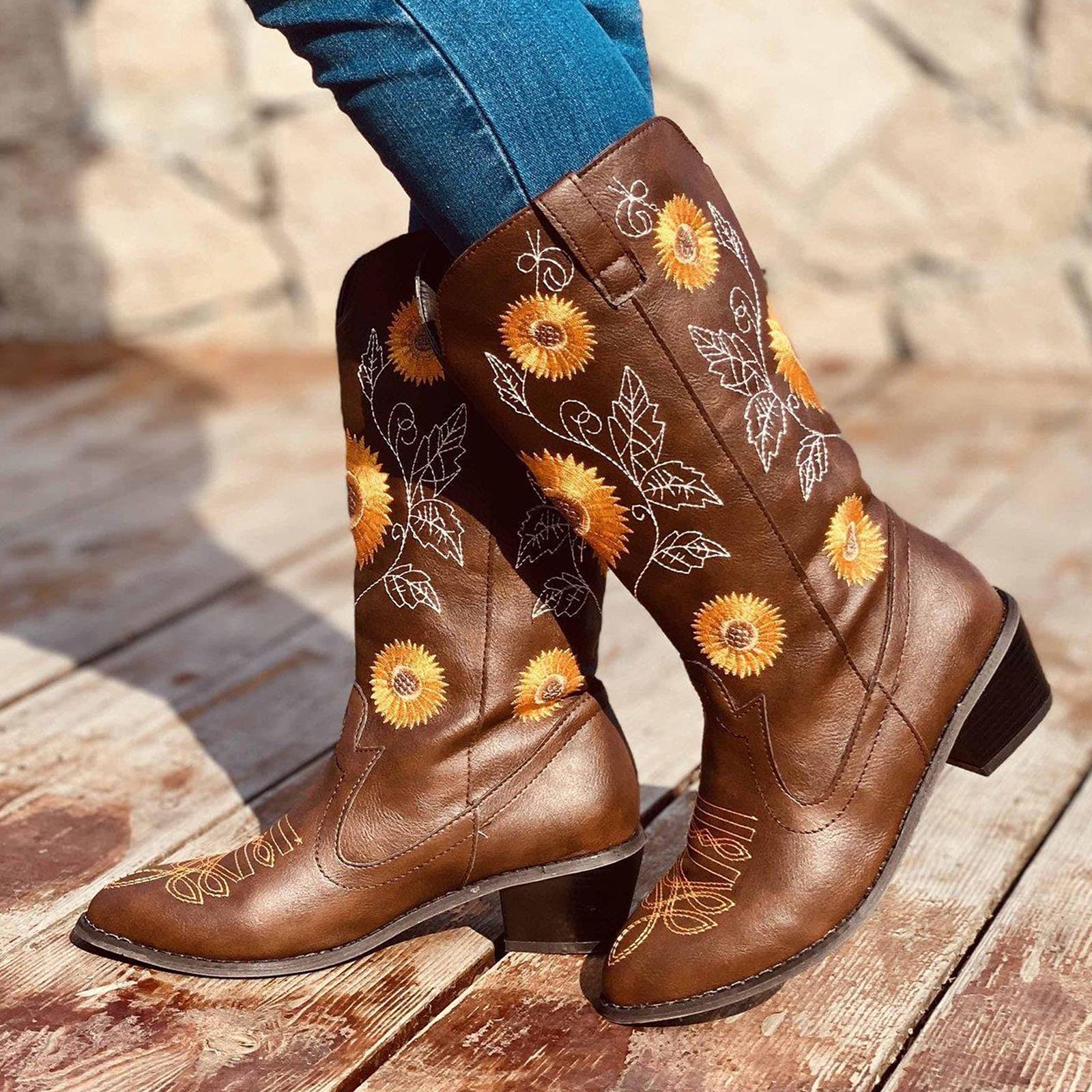 Women Ethnic Floral Embroidered Cowboy Western Boots - Image 6