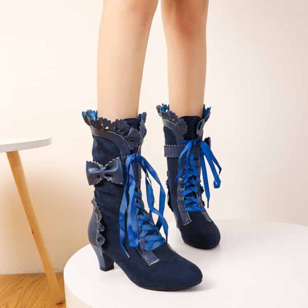 Women Sweet Bow Boots Mid Heels Lace Up Victorian boots Mid Calf Kawaii Boot - Image 6