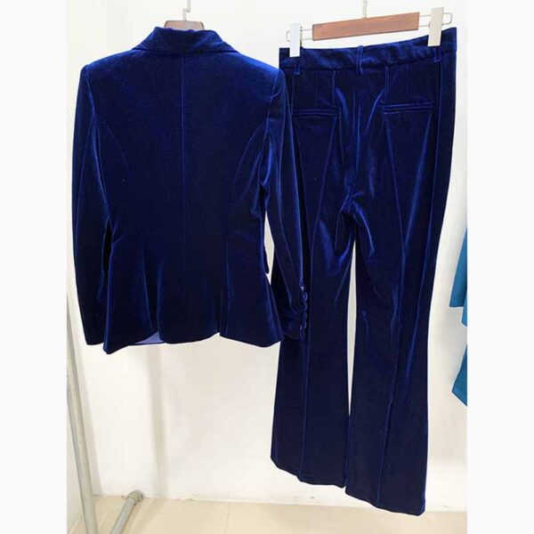 Women Velvet Blazer + Flare Trousers Suit Two Piece Pantsuits - Image 2