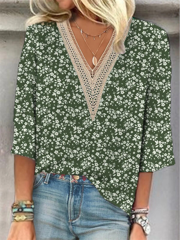 Summer Lace V Neck Print 3/4 Sleeve Blouses for Women - Image 4