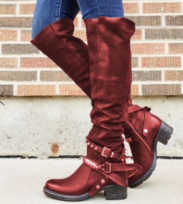 Women's Motorcycle Boots Knee High Buckle Boots Retro Tall Boots