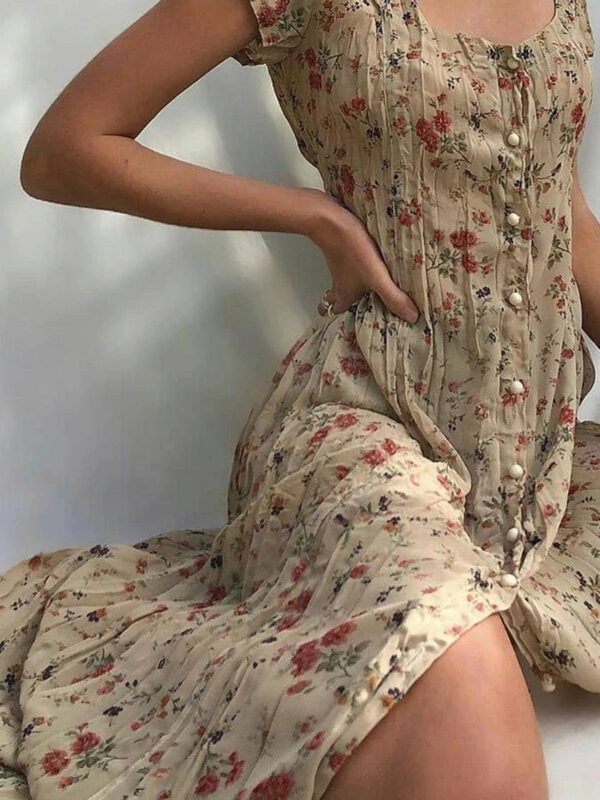 Women's Shift Dress Midi Dress Short Sleeve Floral Button Front Print Summer Square Neck Hot Vintage Boho