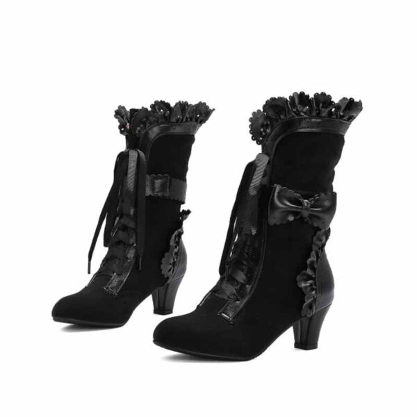 Women Sweet Bow Boots Mid Heels Lace Up Victorian boots Mid Calf Kawaii Boot - Image 7