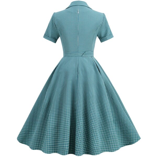 Women Vintage Pink Plaid Short Sleeve Dress with Belt Rockabilly Cocktail Party 1950S Swing Dress - Image 3