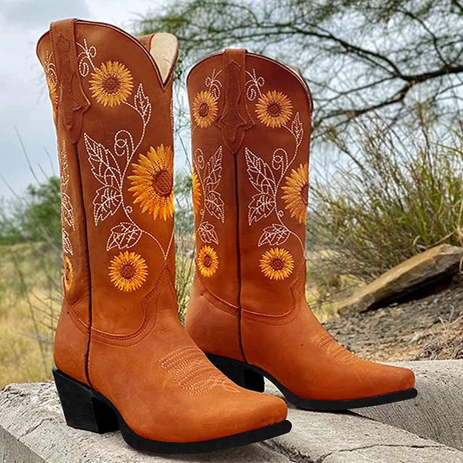Women Ethnic Floral Embroidered Cowboy Western Boots - Image 14
