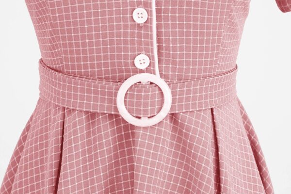 Women Vintage Pink Plaid Short Sleeve Dress with Belt Rockabilly Cocktail Party 1950S Swing Dress - Image 30