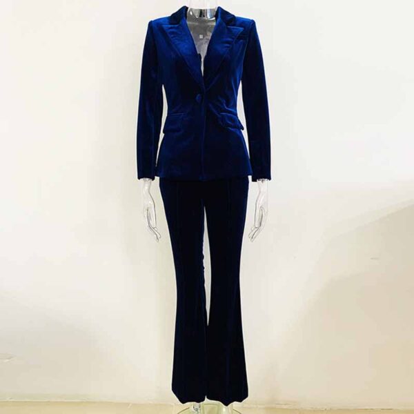 Women Velvet Blazer + Flare Trousers Suit Two Piece Pantsuits - Image 3