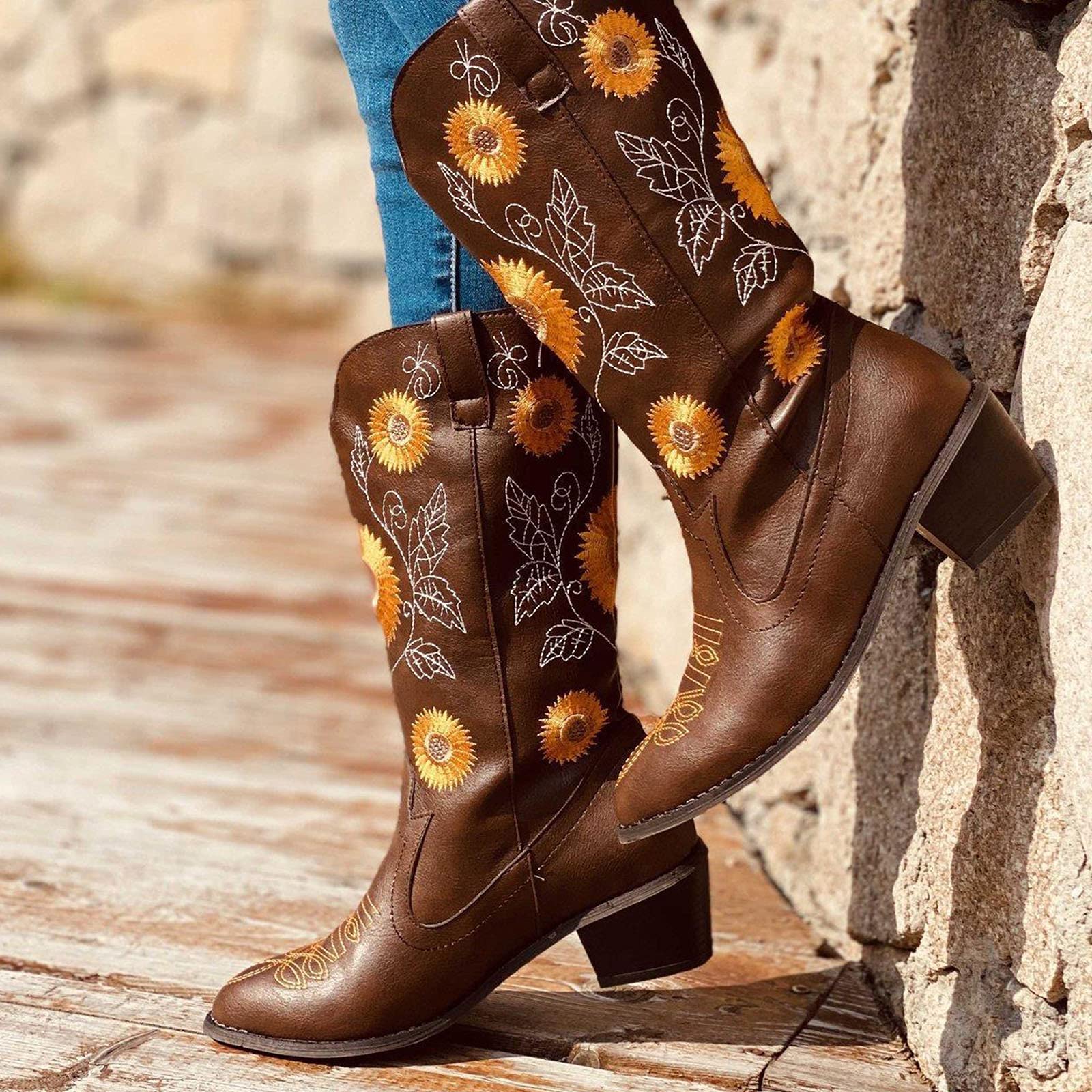 Women Ethnic Floral Embroidered Cowboy Western Boots - Image 3