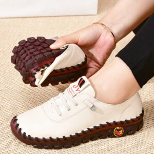 Women Lace Up Leather Handmade Beef Tendon Loafer Shoes