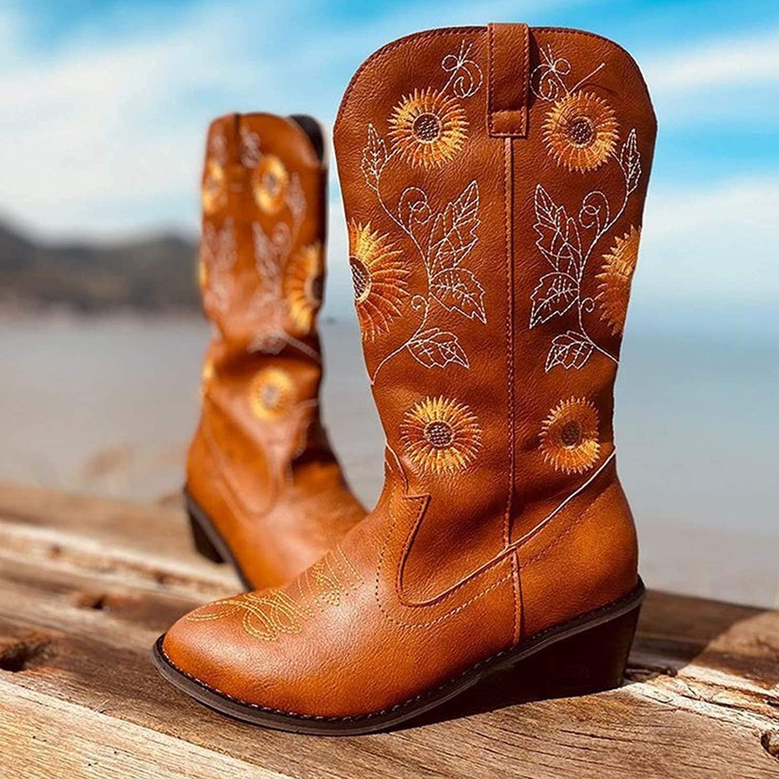 Women Ethnic Floral Embroidered Cowboy Western Boots - Image 9
