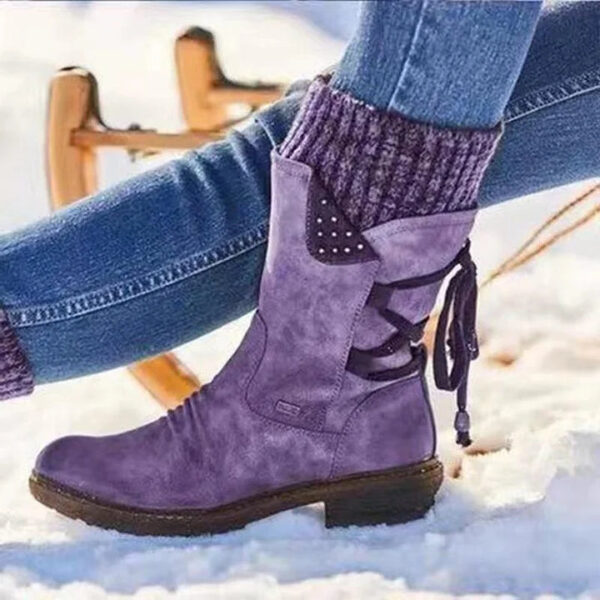 Women's Sweater Cuff Snow Boots Mid Calf Zipper Low Heel Back Lace-up Boots - Image 3