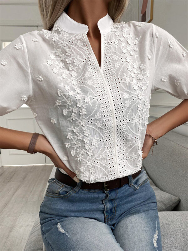 Stylish V Neck Applique Hollow Out Short Sleeve Shirt for Lady - Image 2