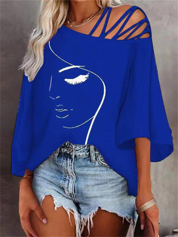 Trendy Asymmetrical Collar 3/4 Sleeve Face Print Tops for Women - Image 4