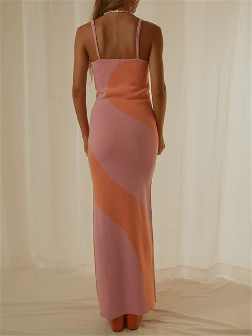 Vintage Geometric Print Knitted Long Dress Elegant Women Spaghetti Straps Wrap Pencil Dress Backless Sling Sundress - Image 10