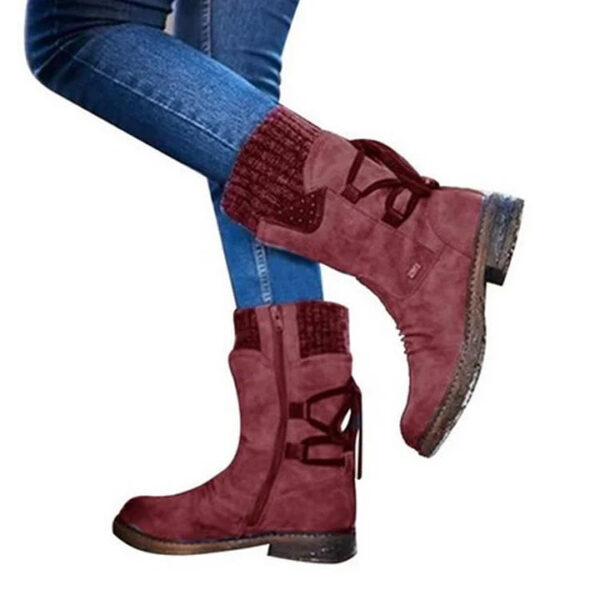 Women's Sweater Cuff Snow Boots Mid Calf Zipper Low Heel Back Lace-up Boots - Image 9