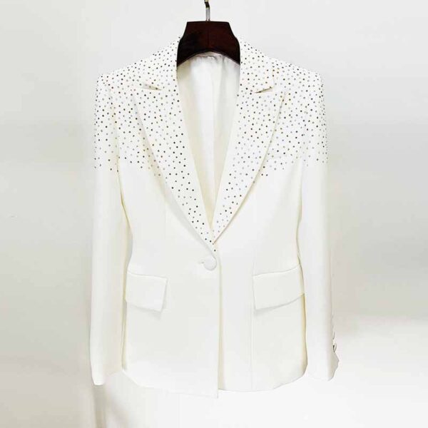 Women White Bling Bling Hot Drill Studs Fitted Blazer + Mini Skirt Suit White - Image 2