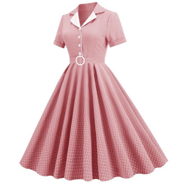 Women Vintage Pink Plaid Short Sleeve Dress with Belt Rockabilly Cocktail Party 1950S Swing Dress - Image 26