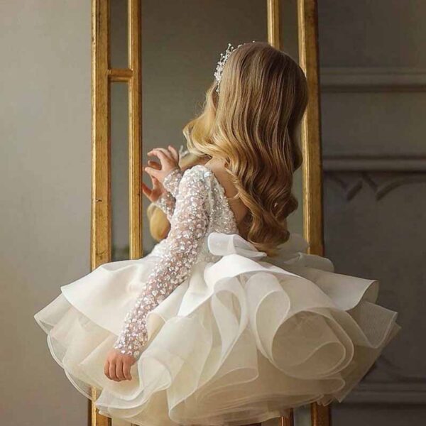 Children's wedding dress long-sleeved lace sequin Tutu birthday puffy skirt - Image 6