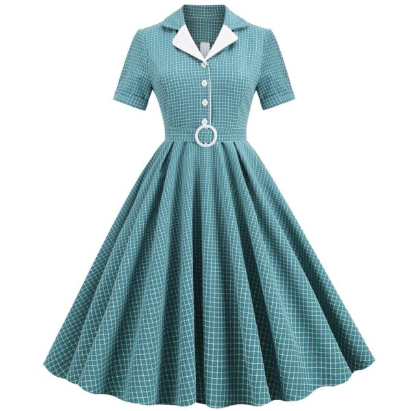 Women Vintage Pink Plaid Short Sleeve Dress with Belt Rockabilly Cocktail Party 1950S Swing Dress