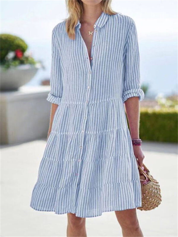 Women's Leisure Striped Lapel Button Down Dress - Image 4