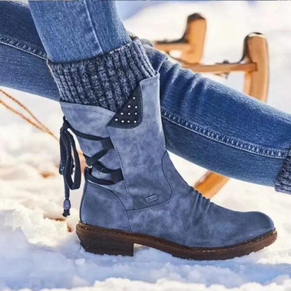 Women's Sweater Cuff Snow Boots Mid Calf Zipper Low Heel Back Lace-up Boots - Image 4