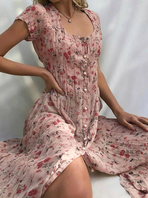 Women's Shift Dress Midi Dress Short Sleeve Floral Button Front Print Summer Square Neck Hot Vintage Boho - Image 2