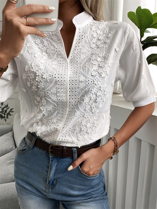 Stylish V Neck Applique Hollow Out Short Sleeve Shirt for Lady - Image 3