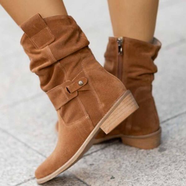 Women's Fashion Flat Heel Calf Boots Side Zipper Ankle Booties - Image 2