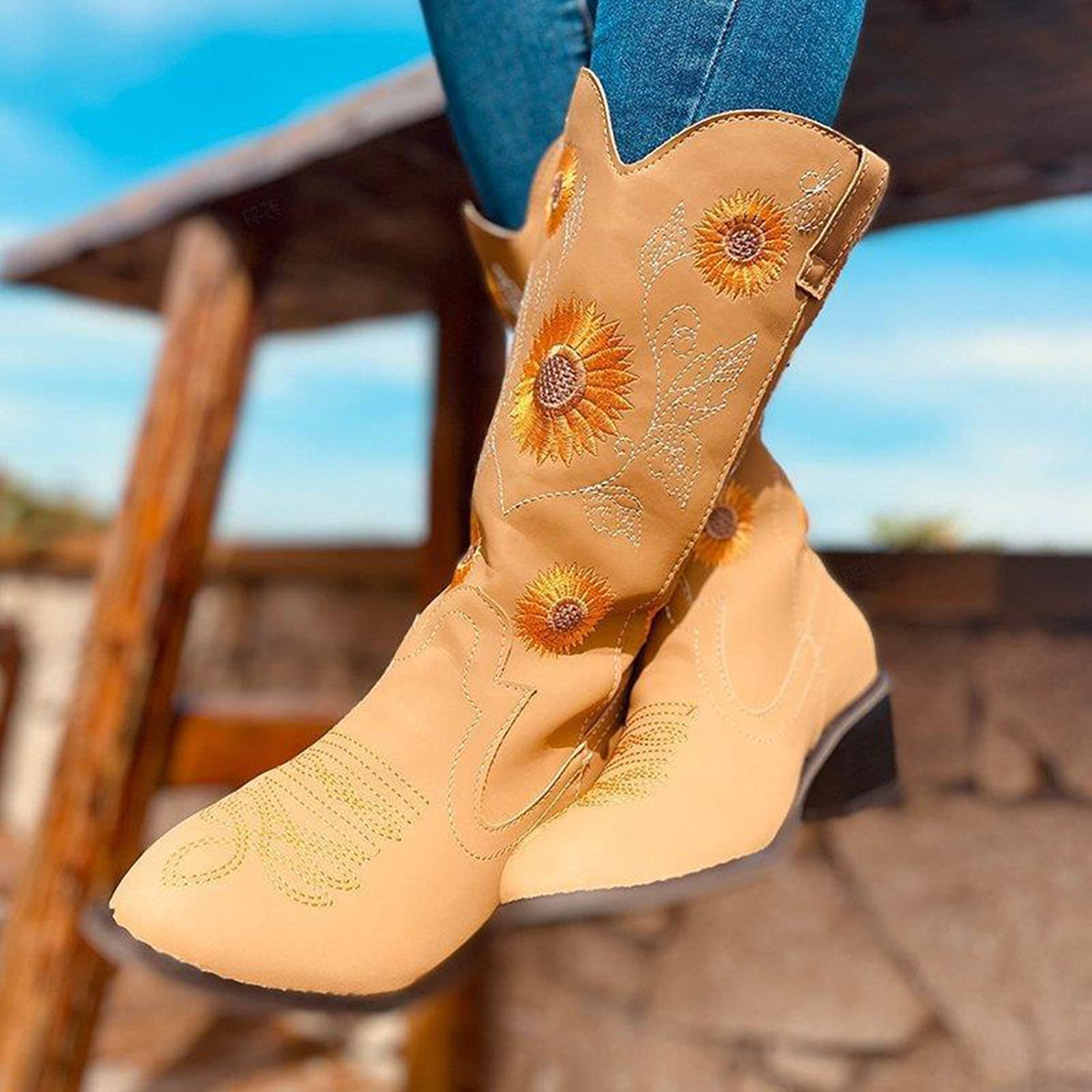 Women Ethnic Floral Embroidered Cowboy Western Boots - Image 19
