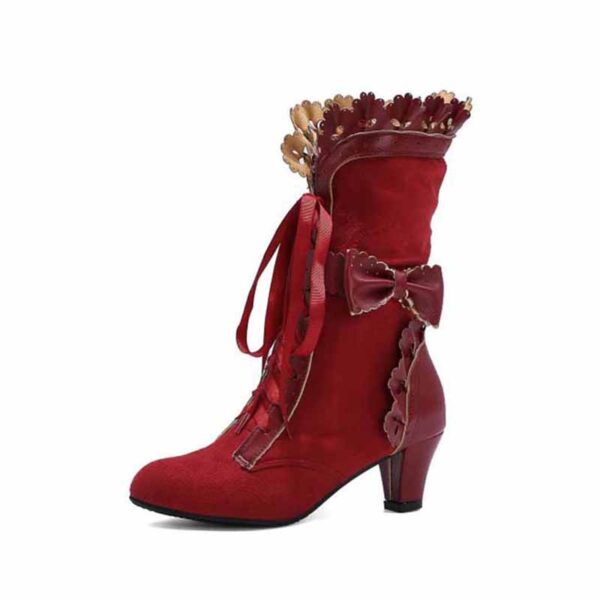 Women Sweet Bow Boots Mid Heels Lace Up Victorian boots Mid Calf Kawaii Boot - Image 13