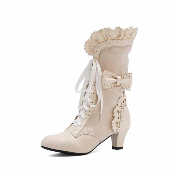 Women Sweet Bow Boots Mid Heels Lace Up Victorian boots Mid Calf Kawaii Boot - Image 15