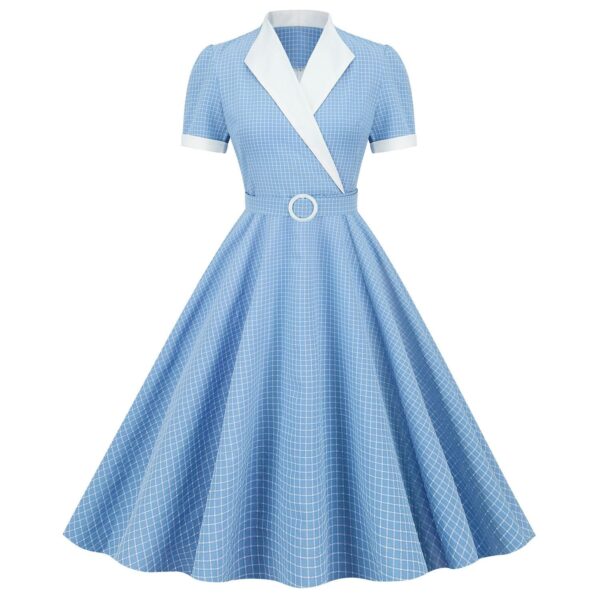 Women's Vintage 1950s Retro Party Swing Short Sleeve V-Neck A-line Gown with Belt - Image 28