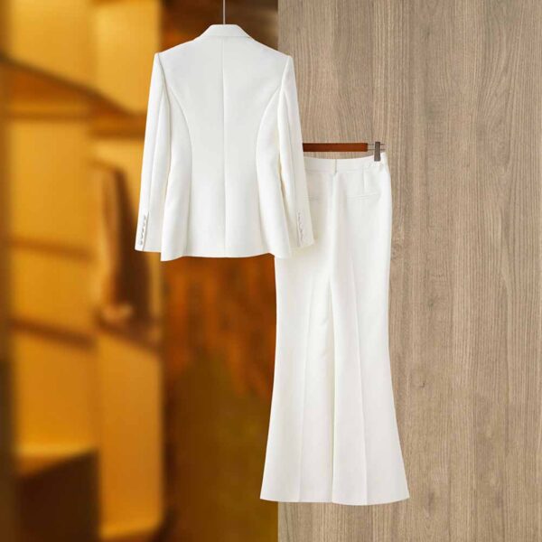 Women White fitted Blazer + Mid-High Rise Flare Trousers Suit Pantsuit - Image 3