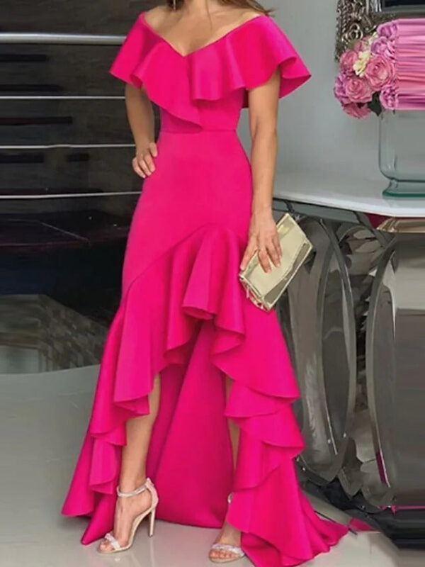 Women's A Line Dress Maxi long Dress Short Sleeve Solid Color Ruffle Plus High Low Fall Spring V Neck - Image 2