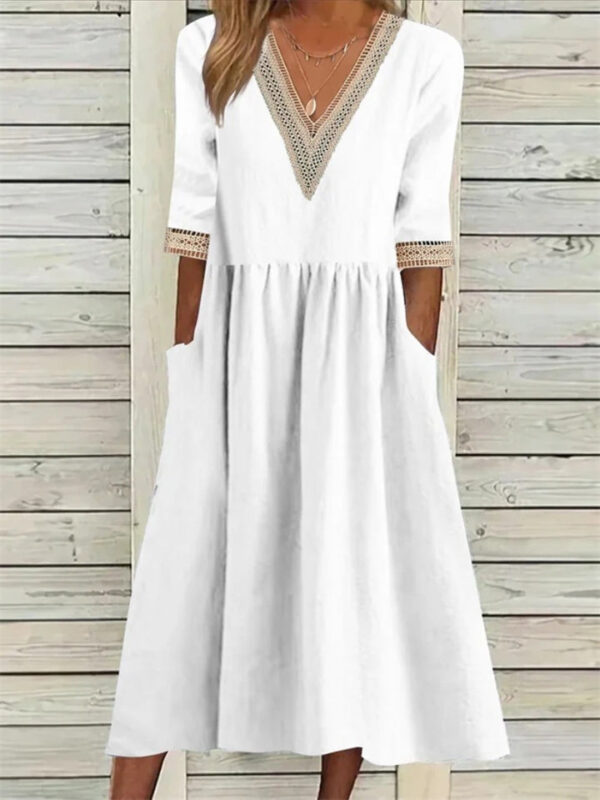 Women's Lace V Neck Half Sleeve Pocket Cotton Linen A-line Dress - Image 4