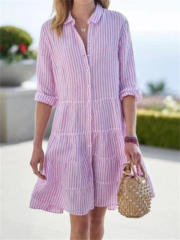 Women's Leisure Striped Lapel Button Down Dress - Image 3