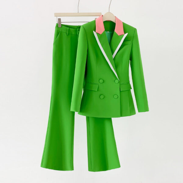 Women Green Pantsuit fitted Blazer + Mid-High Rise Flare Trousers Suit Pantsuit