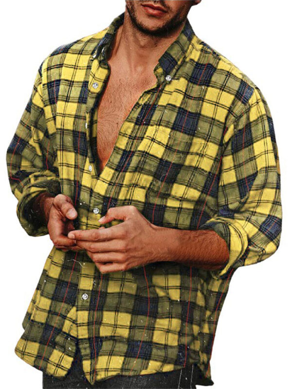 Spring Autumn Men's Leisure Long-sleeved Button Plaid Shirt - Image 3