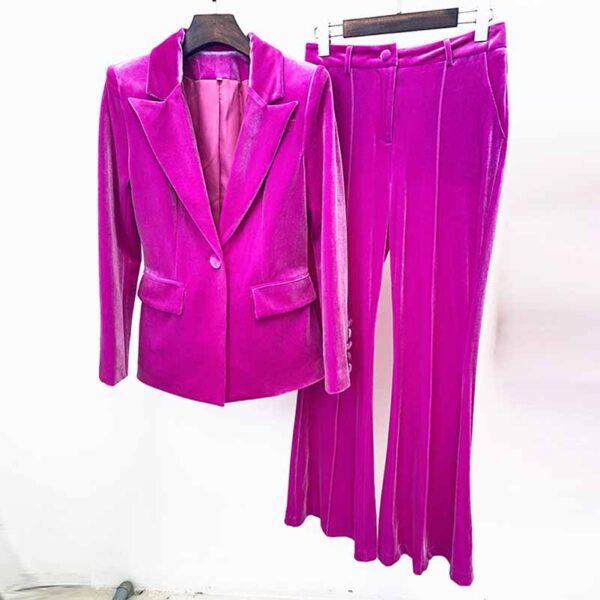 Women Velvet Blazer + Flare Trousers Suit Two Piece Pantsuits - Image 4