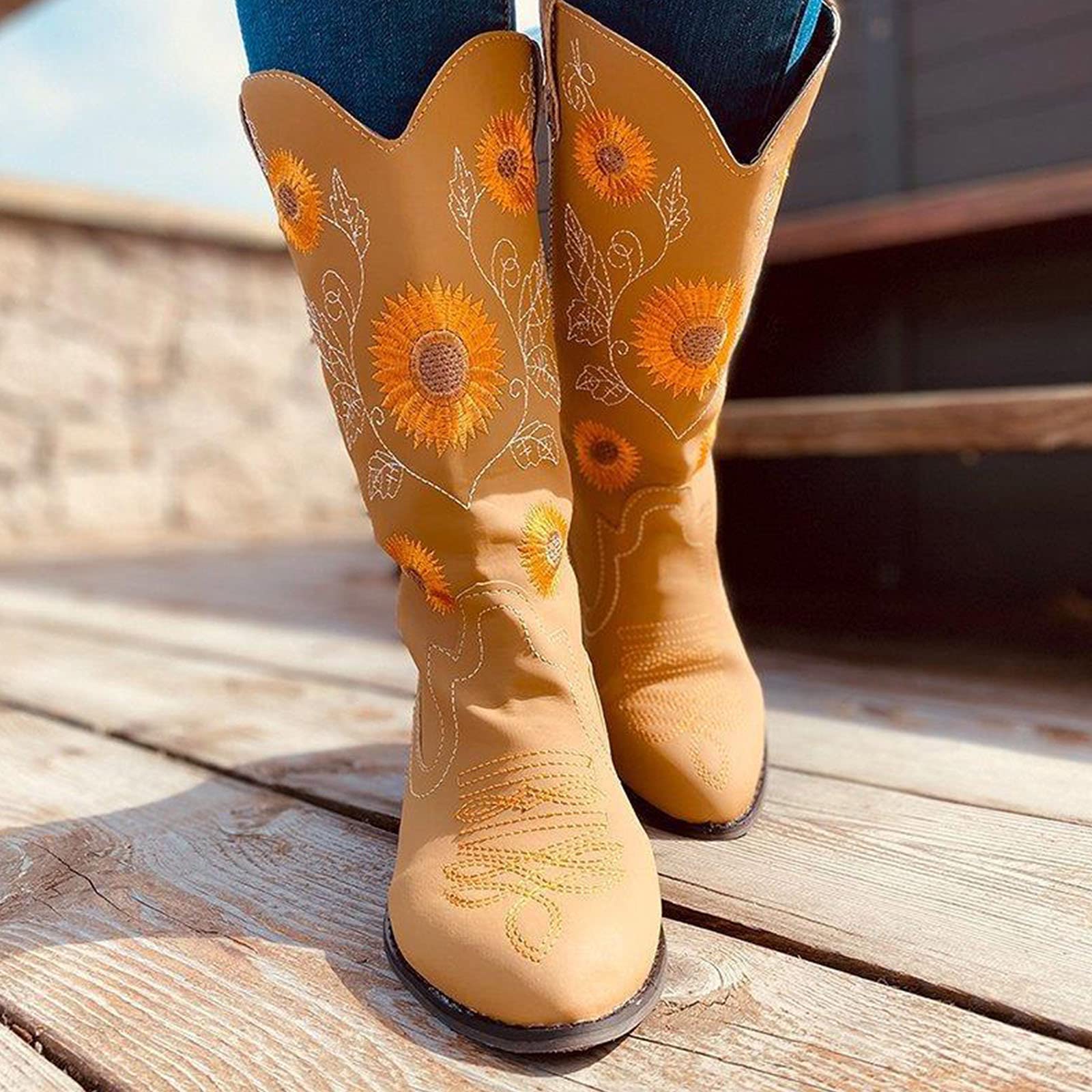 Women Ethnic Floral Embroidered Cowboy Western Boots - Image 18