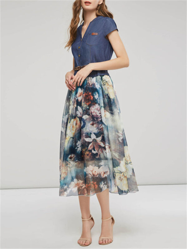 Women's Elegant Ink Flower Denim Chiffon Splicing Dress with Belt - Image 4