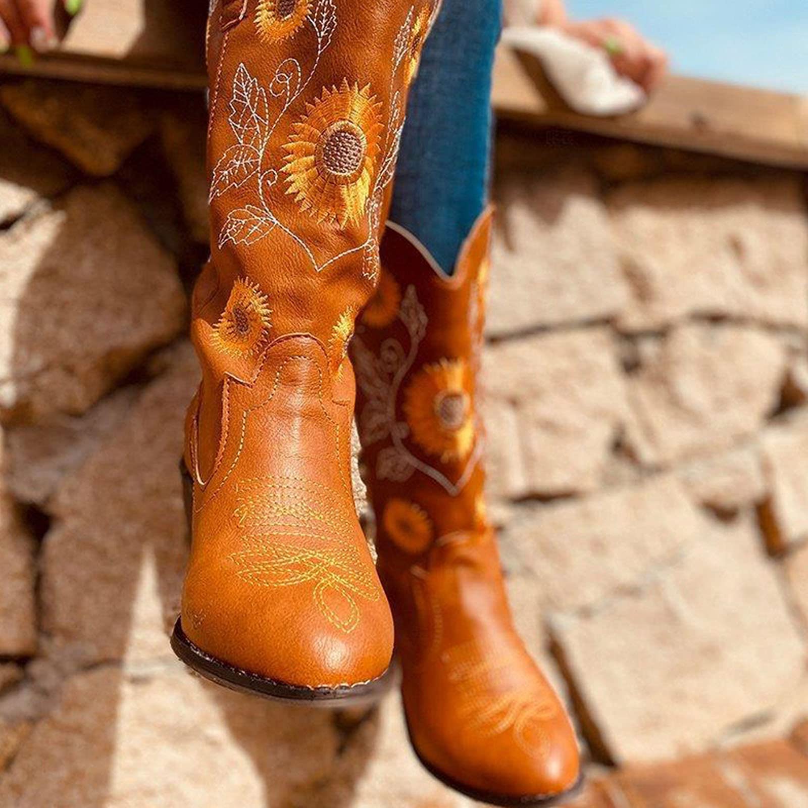 Women Ethnic Floral Embroidered Cowboy Western Boots - Image 11