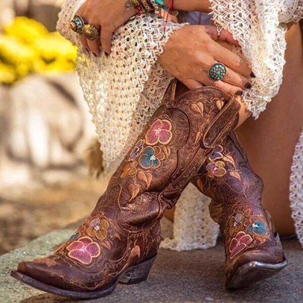 Women's vintage flower embroidery cowboy boots pointed toe mid calf cowgirl boots - Image 2