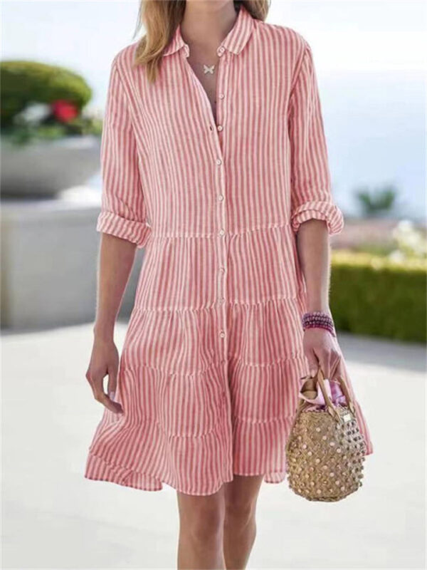 Women's Leisure Striped Lapel Button Down Dress - Image 5