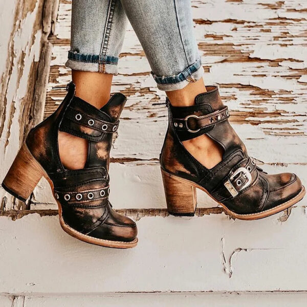 Retro Block Heel Ankle Boots Ankle Strap Buckle Boots For Women Vintage Chunky Boots