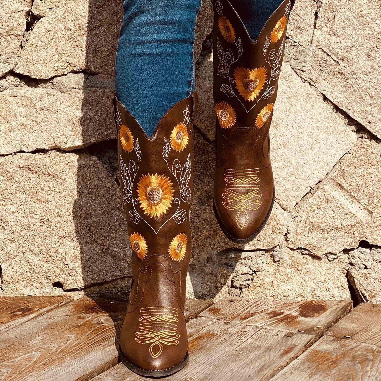 Women Ethnic Floral Embroidered Cowboy Western Boots - Image 4