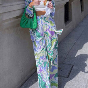 Stylish Female Printing Button Shirt Pants Two Pieces Outfits